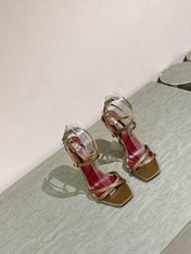 YSL 25S HIGH-HEEL SANDALS 100 MM IN MOSS GREEN SATIN WITH YSL LOGO HEEL DESIGN IN GOLD