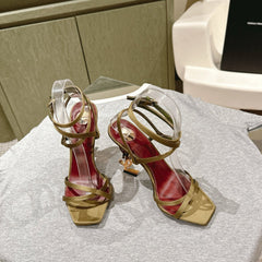 YSL 25S HIGH-HEEL SANDALS 100 MM IN MOSS GREEN SATIN WITH YSL LOGO HEEL DESIGN IN GOLD