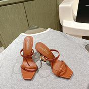 YSL 25S OPYUM HIGH-HEEL SANDALS 100 MM IN BURNT ORANGE BROWN LAMBSKIN