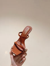 YSL 25S OPYUM HIGH-HEEL SANDALS 100 MM IN BURNT ORANGE BROWN LAMBSKIN