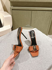 YSL 25S SQUARE-TOE HIGH-HEEL SANDALS 100 MM IN BURNT ORANGE BROWN LAMBSKIN WITH GOLD HARDWARE