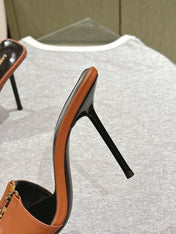 YSL 25S SQUARE-TOE HIGH-HEEL SANDALS 100 MM IN BURNT ORANGE BROWN LAMBSKIN WITH GOLD HARDWARE