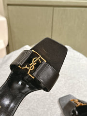 YSL 25S SQUARE-TOE HIGH-HEEL SANDALS 100 MM IN BLACK LAMBSKIN WITH GOLD HARDWARE