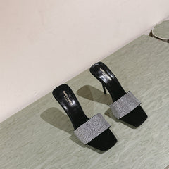 YSL 25S HEELED SANDALS 100 MM IN BLACK LAMBSKIN WITH WHITE RHINESTONE-EMBELLISHED STRAP