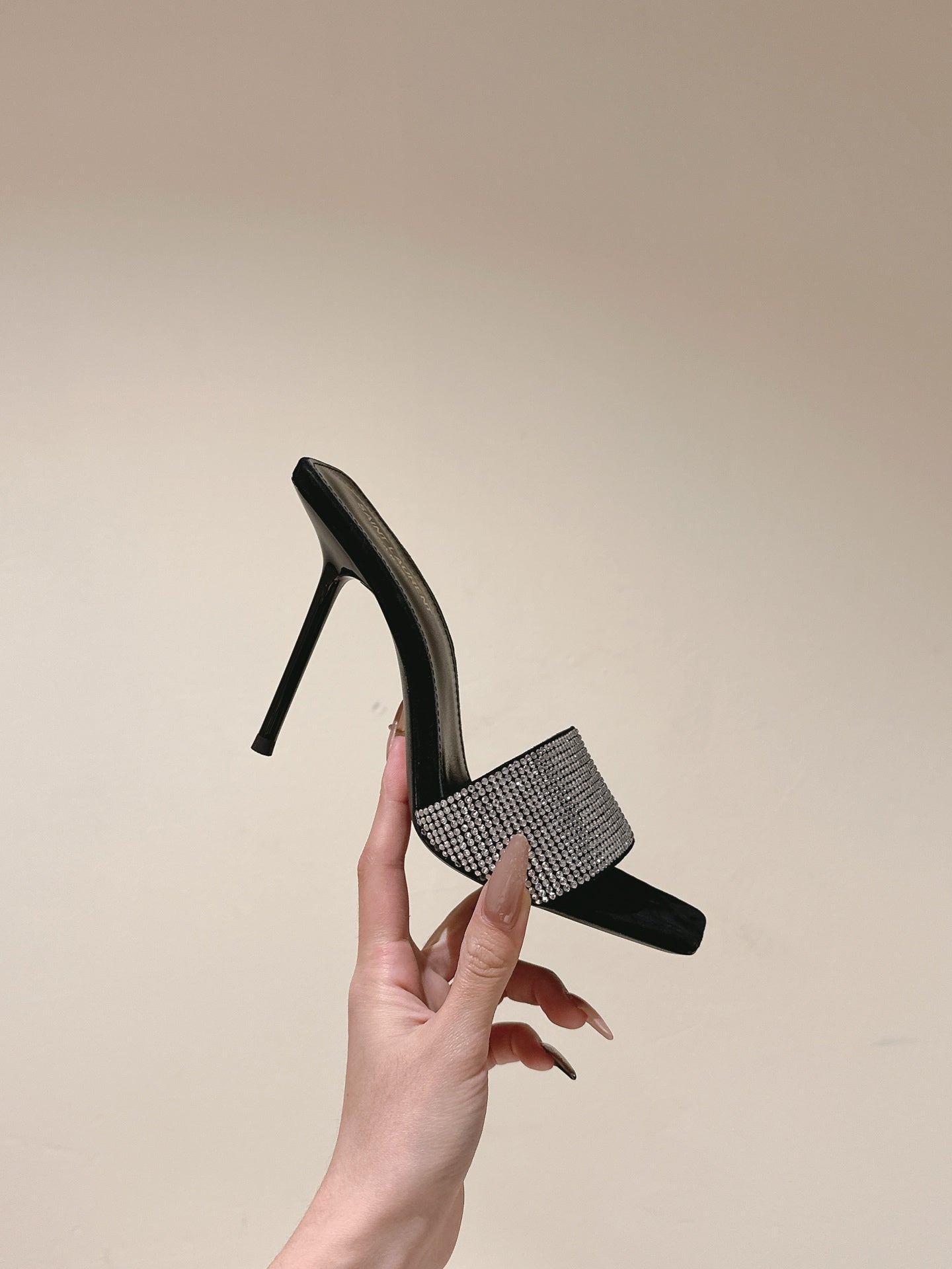 YSL 25S HEELED SANDALS 100 MM IN BLACK LAMBSKIN WITH WHITE RHINESTONE-EMBELLISHED STRAP