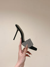 YSL 25S HEELED SANDALS 100 MM IN BLACK LAMBSKIN WITH WHITE RHINESTONE-EMBELLISHED STRAP