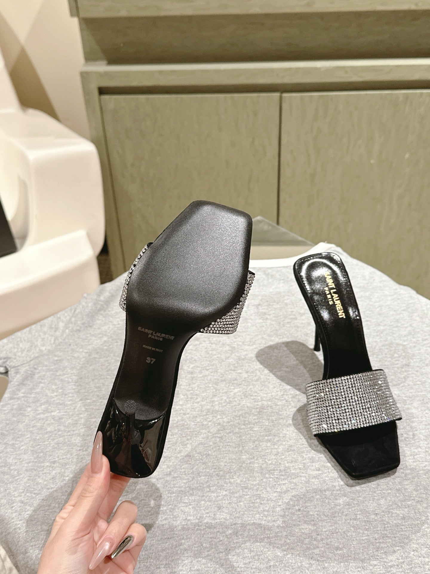 YSL 25S HEELED SANDALS 100 MM IN BLACK LAMBSKIN WITH WHITE RHINESTONE-EMBELLISHED STRAP