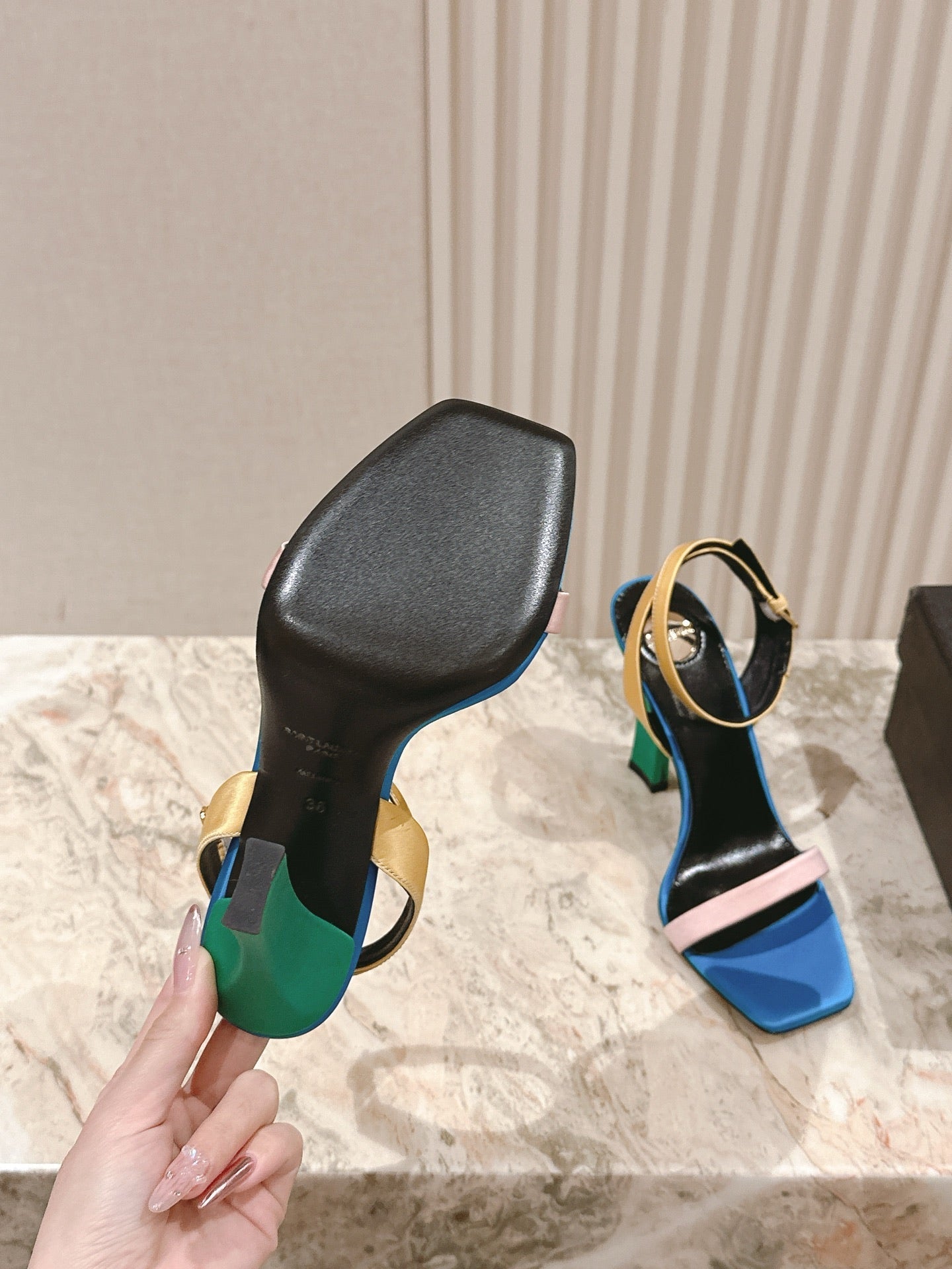 YSL 25S HIGH-HEEL SANDALS 100 MM IN MULTICOLOR SATIN STYLE 2