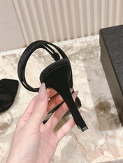 YSL 25S HIGH-HEEL SANDALS 100 MM IN BLACK SATIN