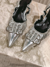 BALENCIAGA 25S HIGH SLINGBACK 45 MM IN SILVER LAMBSKIN WITH SILVER HARDWARE