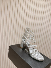 CC HIGH SANDAL 25S IN SILVER LAMBSKIN PEARL FLOWERS