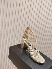 CC HIGH SANDAL 25S IN GOLD LAMBSKIN PEARL FLOWERS