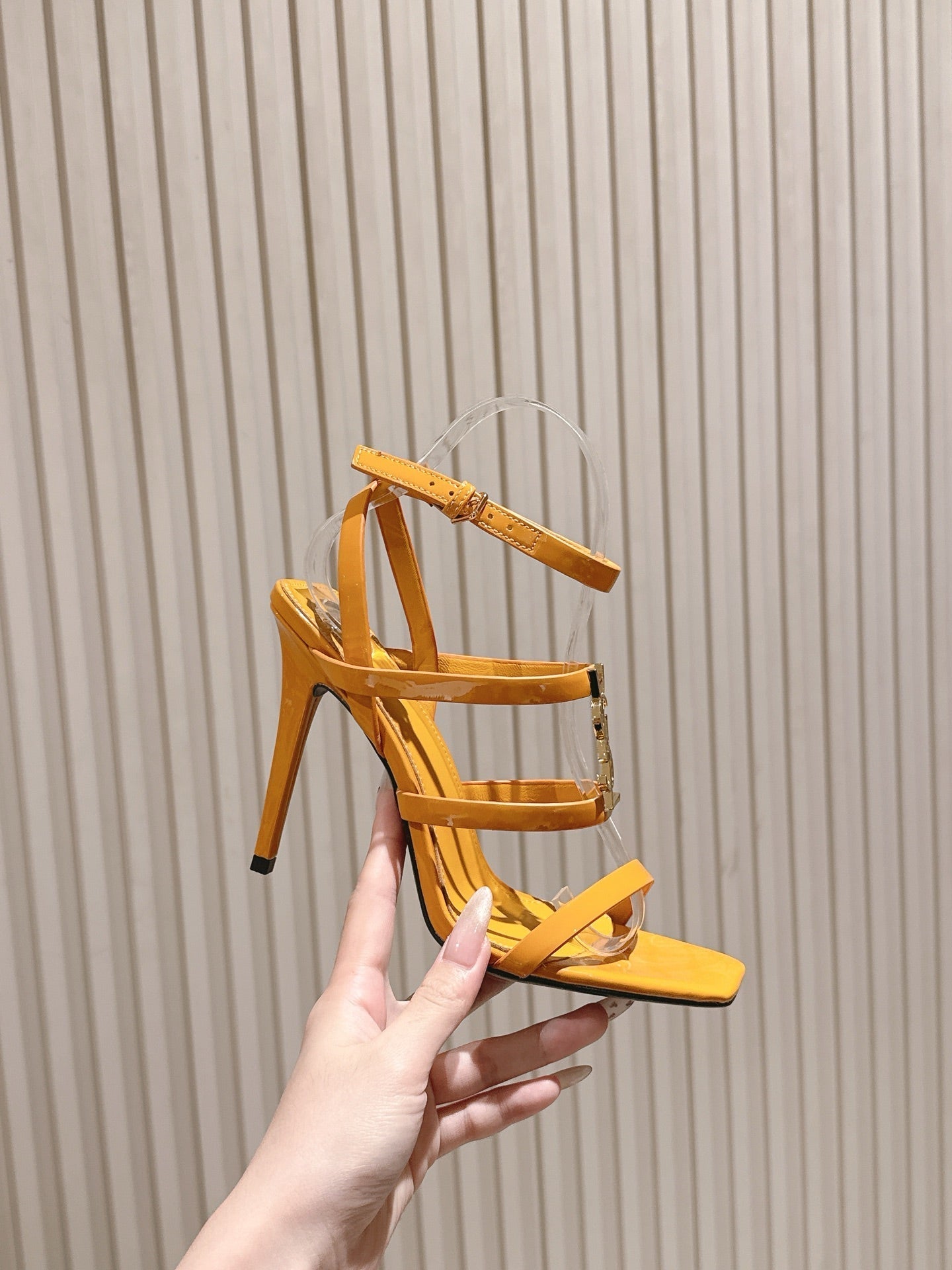 YSL 25S STILETTO HIGH-HEEL SANDALS 100 MM IN DARK ORANGE LAMBSKIN WITH GOLD HARDWARE