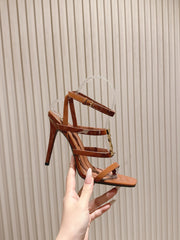YSL 25S STILETTO HIGH-HEEL SANDALS 100 MM IN BROWN LAMBSKIN WITH GOLD HARDWARE