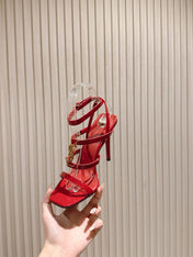 YSL 25S STILETTO HIGH-HEEL SANDALS 100 MM IN RED LAMBSKIN WITH GOLD HARDWARE