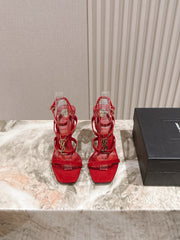 YSL 25S STILETTO HIGH-HEEL SANDALS 100 MM IN RED LAMBSKIN WITH GOLD HARDWARE