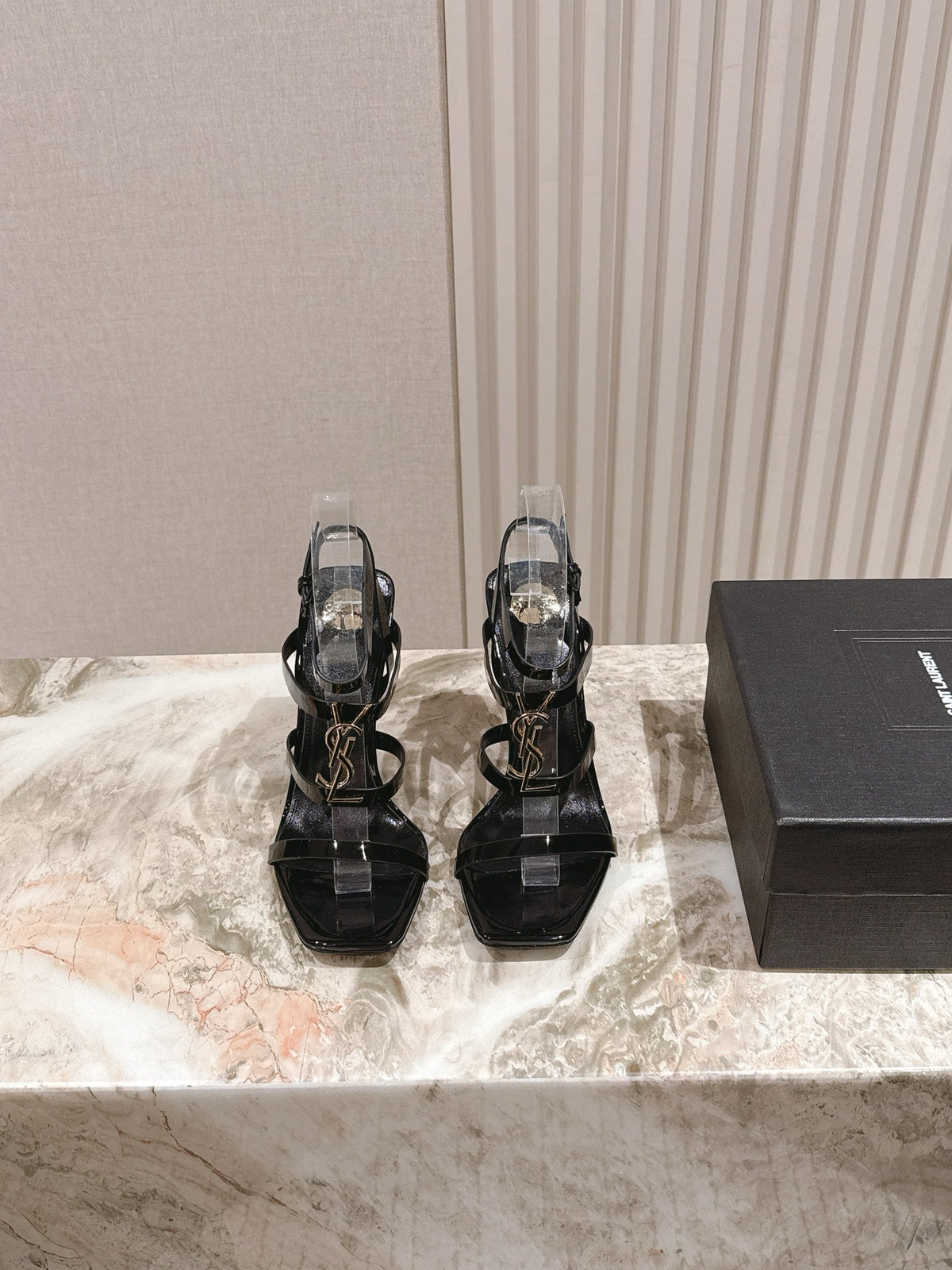 YSL 25S STILETTO HIGH-HEEL SANDALS 100 MM IN BLACK LAMBSKIN WITH GOLD HARDWARE