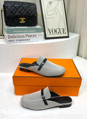 IENA MULE  GRAY CANVAS AND BLACK CALFSKIN