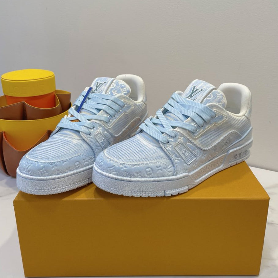 LV TRAINER MAXI SNEAKER IN WHITE MIX LIGHT BLUE EMBOSSED CALFSKIN