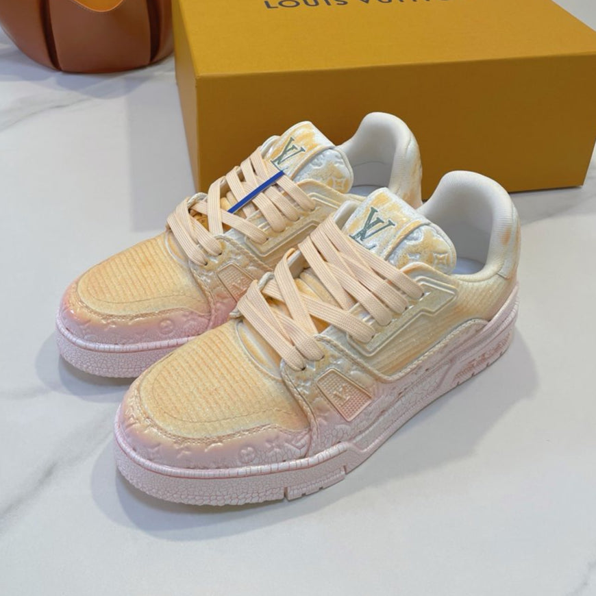 LV TRAINER MAXI SNEAKER IN LIGHT PINK OMBRE ORANGE EMBOSSED CALFSKIN