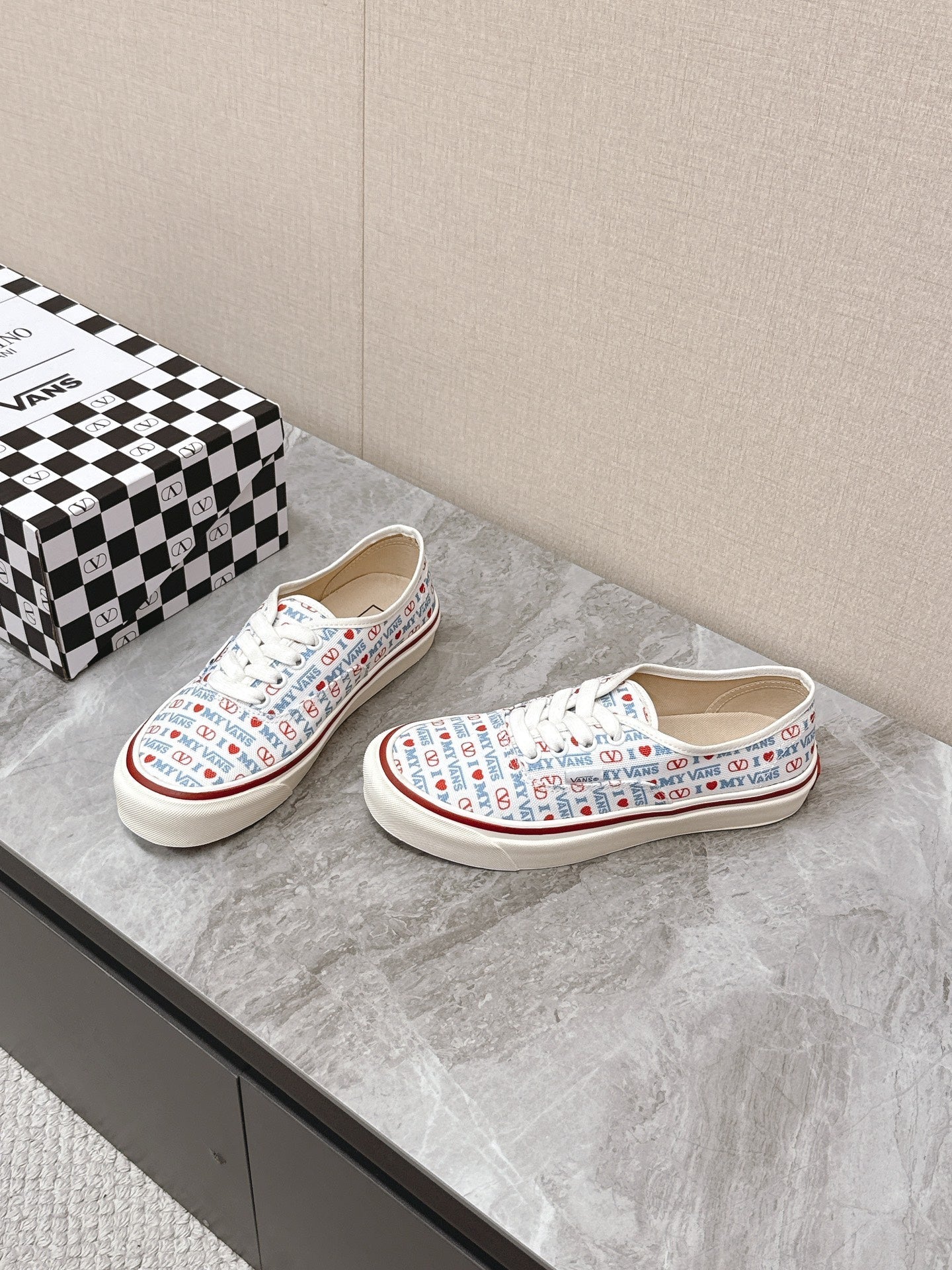 VALENTINO 25S GARAVANI X VANS SNEAKERS IN WHITE MIX BLUE CANVAS