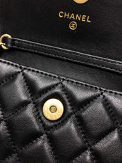 MINI FLAP BAG 12 IN BLACK QUILTED LAMBSKIN GOLD HARDWARE