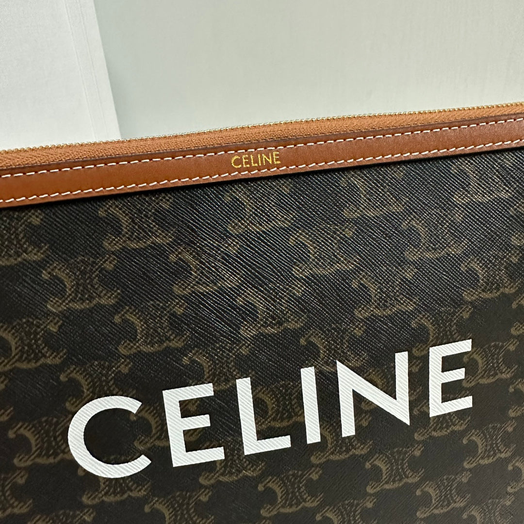 SMALL POUCH 25 IN BLACK TRIOMPHE CANVAS AND BROWN CALFSKIN WITH CELINE PRINT