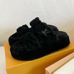 LV SUNSET PLATFORM COMFORT MULE IN BLACK SHEARLING