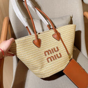 PALMETTO TOTE BAG 25 IN BEIGE WOVEN RAFFIA BROWN CALFSKIN TRIM