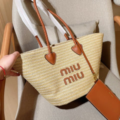 PALMETTO TOTE BAG 25 IN BEIGE WOVEN RAFFIA BROWN CALFSKIN TRIM