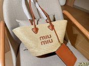 PALMETTO TOTE BAG 25 IN BEIGE WOVEN RAFFIA BROWN CALFSKIN TRIM