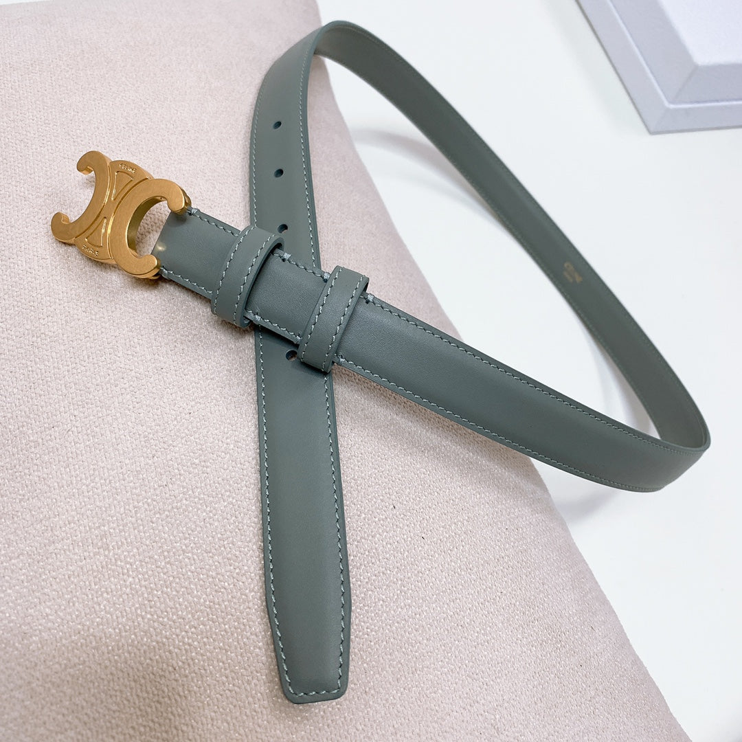 CL MEDIUM 25 MM TRIOMPHE BELT IN GRAY GREEN LEATHER GOLD HARDWARE