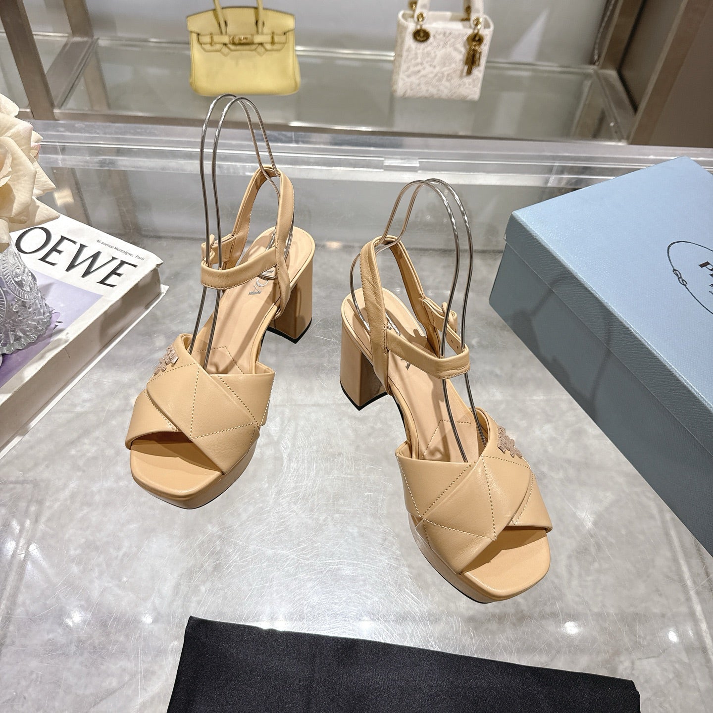 PRADA 25S HIGH-HEEL SANDALS 85 MM IN LIGHT WARM BEIGE LAMBSKIN