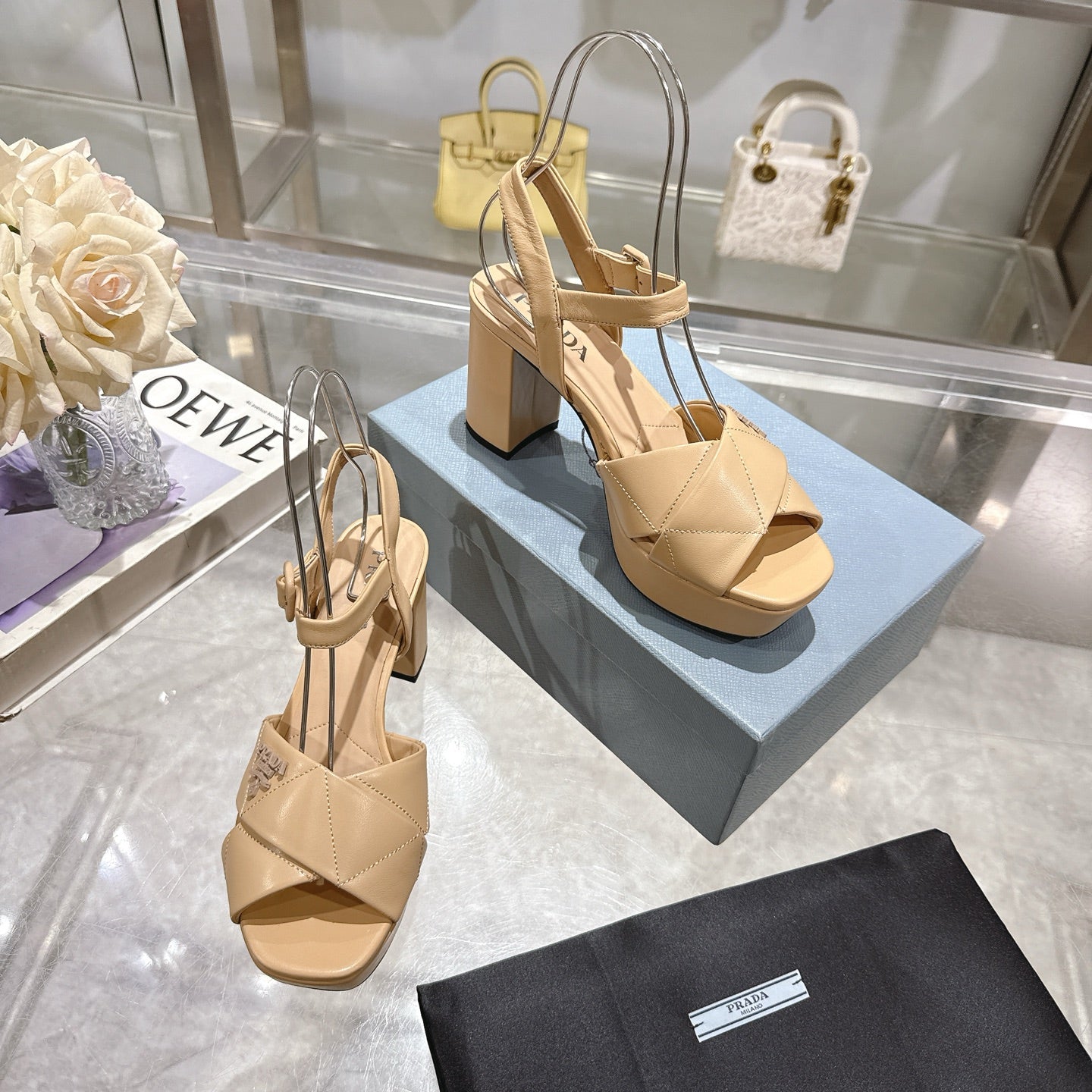 PRADA 25S HIGH-HEEL SANDALS 85 MM IN LIGHT WARM BEIGE LAMBSKIN