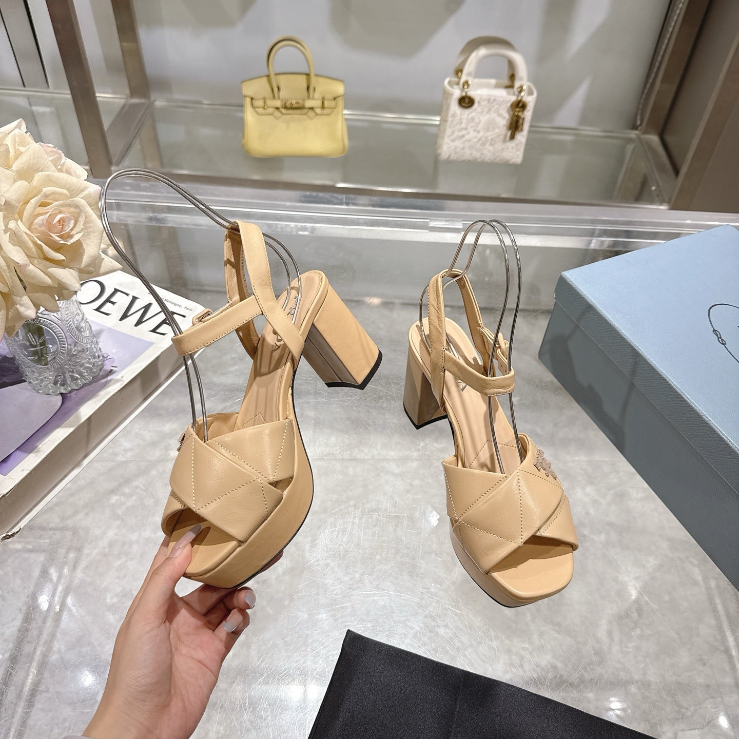 PRADA 25S HIGH-HEEL SANDALS 85 MM IN LIGHT WARM BEIGE LAMBSKIN
