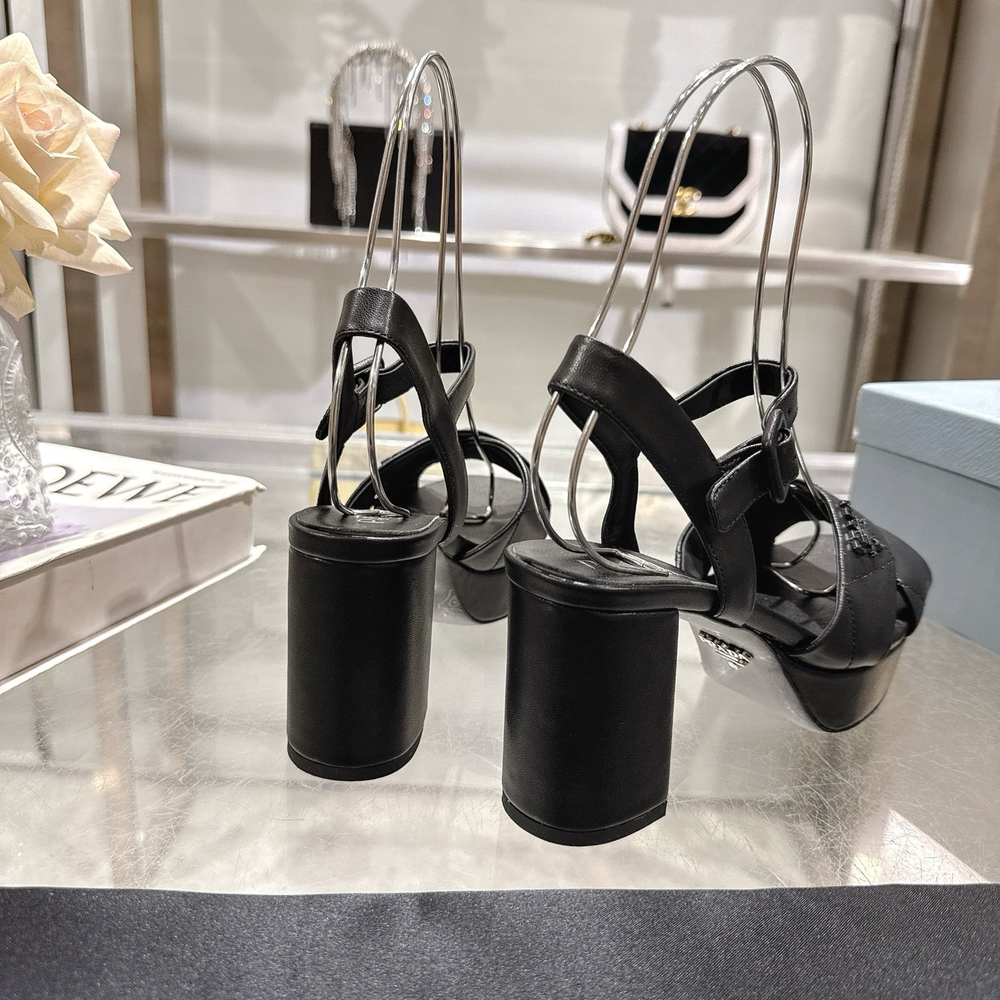 PRADA 25S HIGH-HEEL SANDALS 85 MM IN BLACK LAMBSKIN