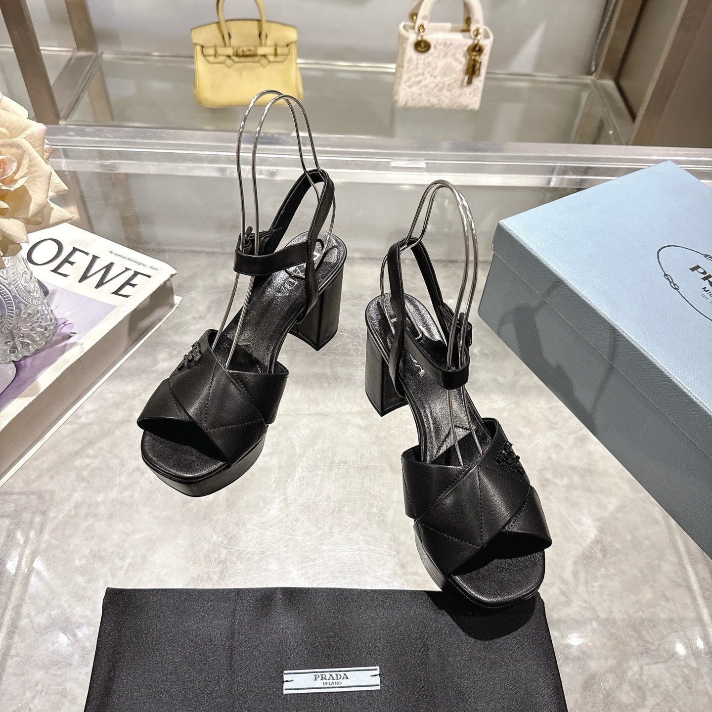 PRADA 25S HIGH-HEEL SANDALS 85 MM IN BLACK LAMBSKIN