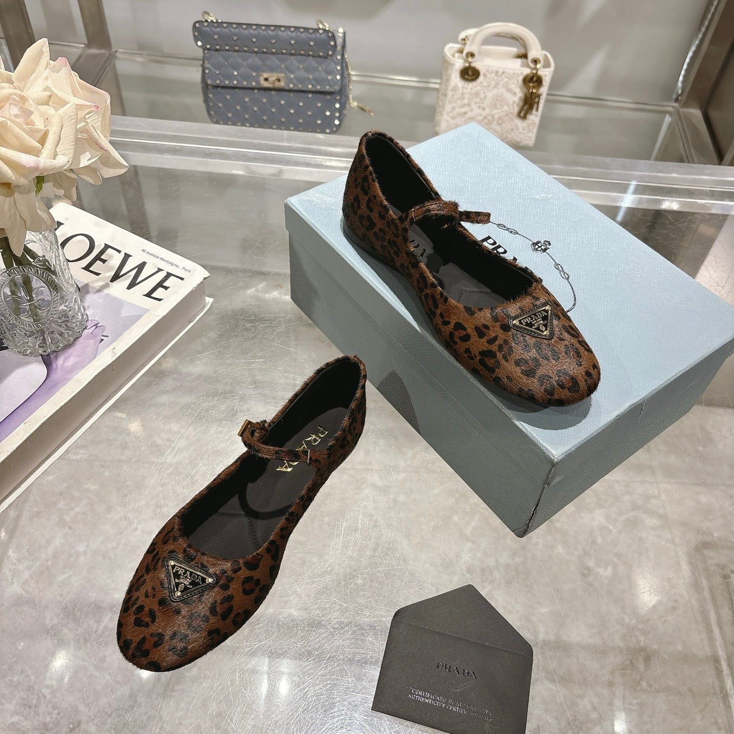 PRADA 25S MARY JANE BALLETS IN BLACK MIX BROWN HORSEHAIR FABRIC