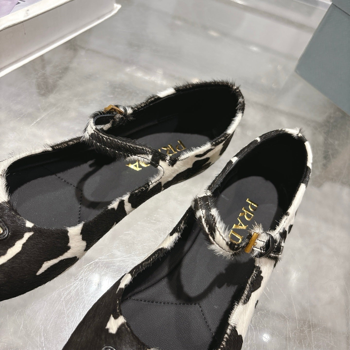 PRADA 25S MARY JANE BALLETS IN BLACK MIX CREAM WHITE HORSEHAIR FABRIC