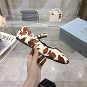 PRADA 25S MARY JANE BALLETS IN BROWN MIX CREAM WHITE HORSEHAIR FABRIC