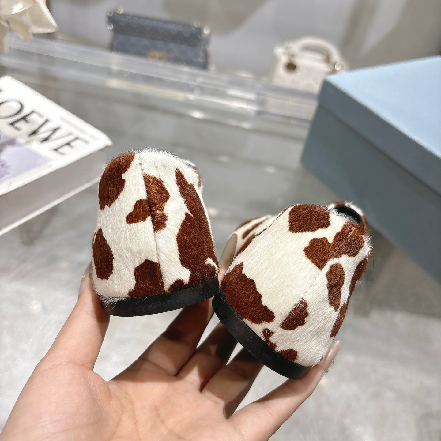 PRADA 25S MARY JANE BALLETS IN BROWN MIX CREAM WHITE HORSEHAIR FABRIC