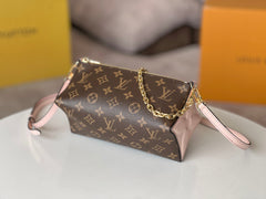 BLOOM POUCH 22 IN BROWN MONOGRAM CANVAS AND PASTEL PINK CALFSKIN SIDES