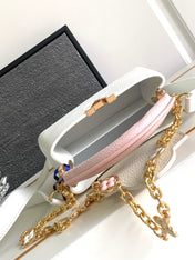 CAPUCINES MINI 21 IN WHITE MIX PINK AND BEIGE TAURILLON GOLD HARDWARE
