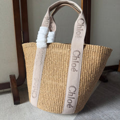 LAGRE WOODY TOTE BAG 48 IN NATURAL FIBERS BLUSHY BEIGE WEBBING LOGO EMBROIDER BROWN CALFSKIN