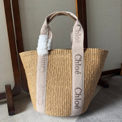 LAGRE WOODY TOTE BAG 48 IN NATURAL FIBERS BLUSHY BEIGE WEBBING LOGO EMBROIDER BROWN CALFSKIN
