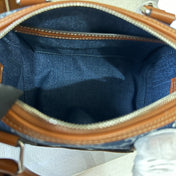 SMALL BOSTON 19 IN SPACE BLUE TRIOMPHE DENIM AND BROWN CALFSKIN TRIM