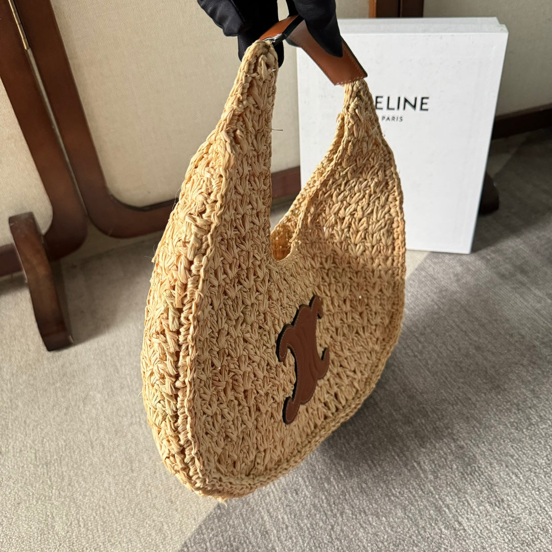 CELINE PANIER HOBO BAG 33 IN RAFFIA AND CALFSKIN LOGO BROWN