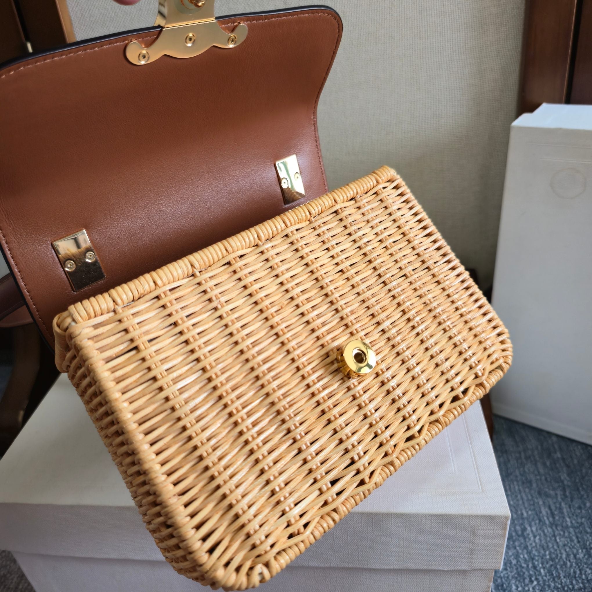 CELINE 25S TEEN GARANCE BAG 18 IN WICKER AND CARAMEL BROWN CALFSKIN