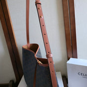 CELINE 25S SOFT SHOPPER BAG 32 IN BLACK TRIOMPHE CANVAS AND BROWN CALFSKIN