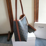 CELINE 25S SOFT SHOPPER BAG 32 IN BLACK TRIOMPHE CANVAS AND BROWN CALFSKIN